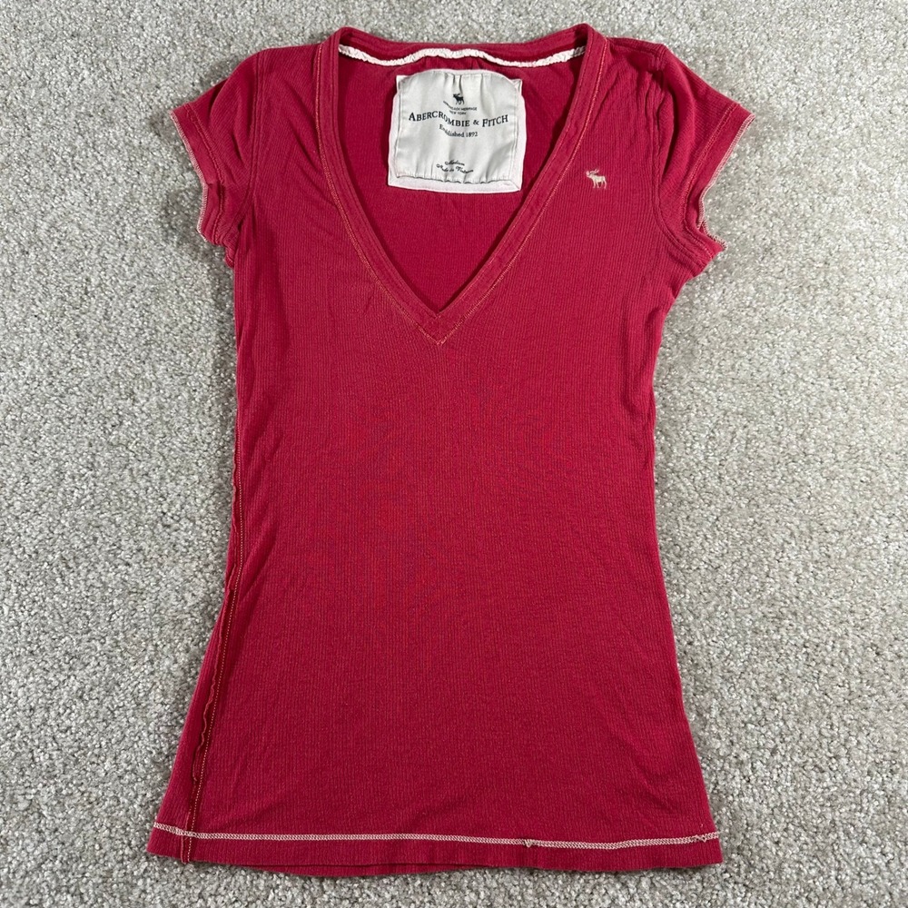 Abercrombie & Fitch Y2k Vtg Womens Red Ribbed V-Neck Short Sleeve T-Shirt Size M